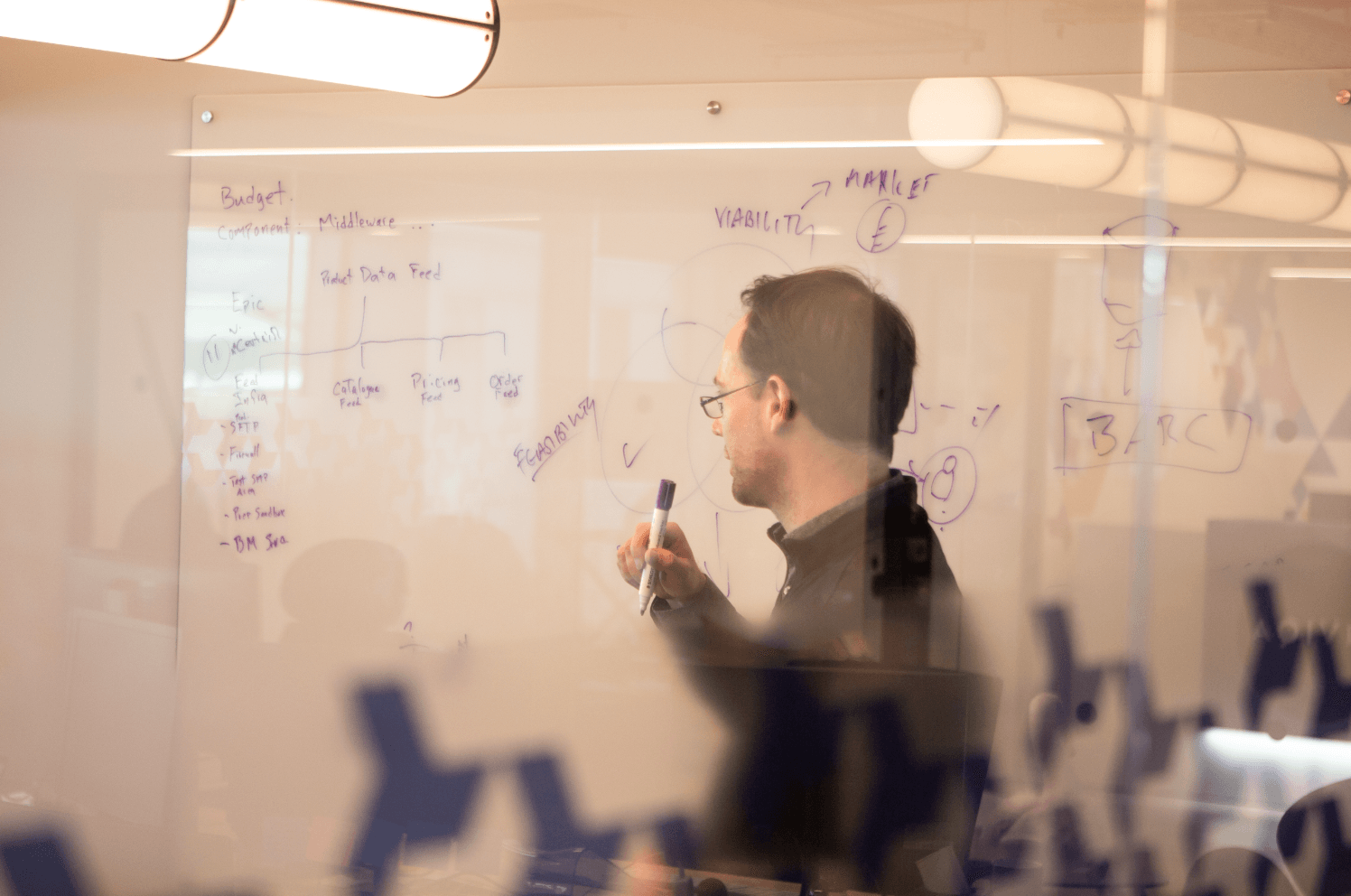 A fly-on-the-wall image of an Inviqa expert writing on a whiteboard in a meeting room