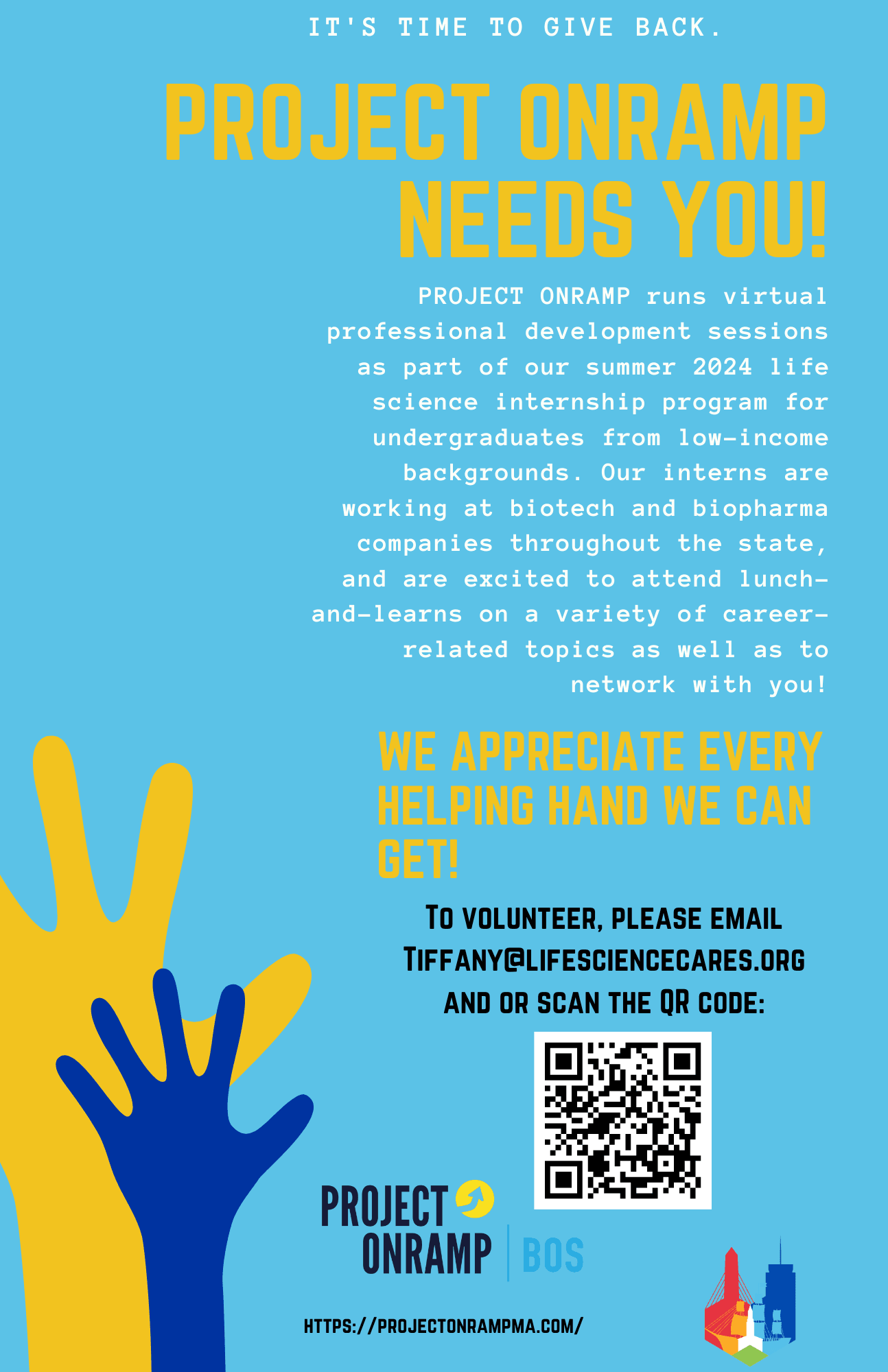 Project Onramp NEEDS YOUR HELP! - Life Science Cares Boston June/July ...